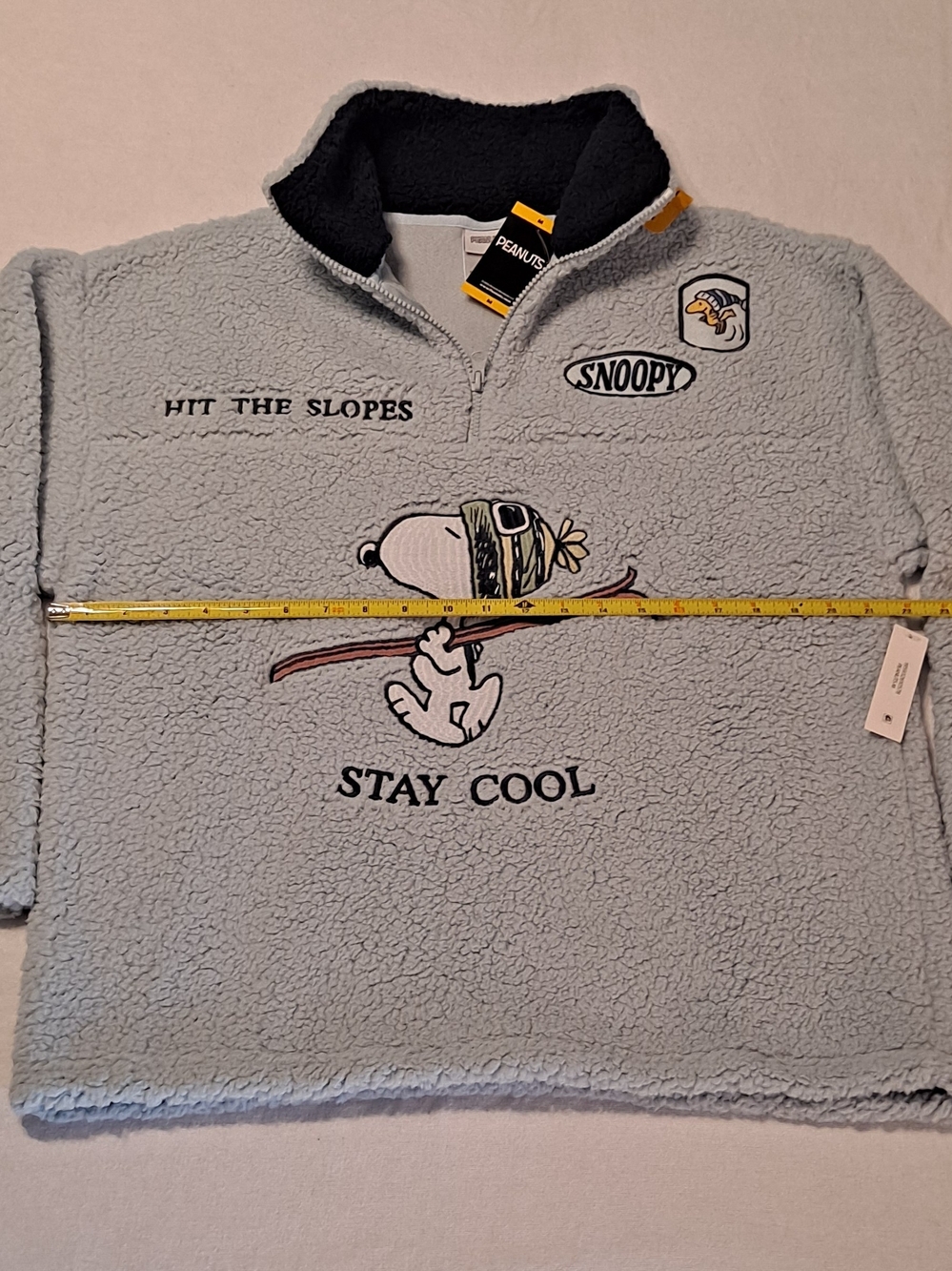 Peanuts Embroidered Light Blue and Navy Sherpa Zip-Up Pullover Size Medium - Picture 6 of 9